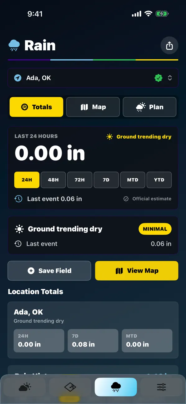 Released Mahli Chito Rain screen showing observed rainfall estimates for Ada, Oklahoma