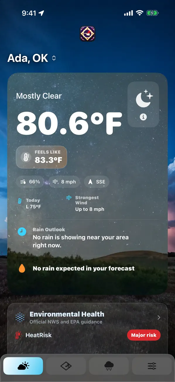 Released Mahli Chito Weather screen showing conditions and rain outlook for Ada, Oklahoma
